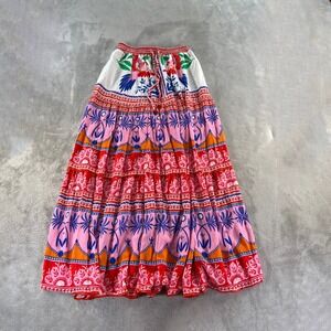 Rose Olive Resort Womens XS Maxi Skirt Boho Tiered Print Smocked Waist Hearts